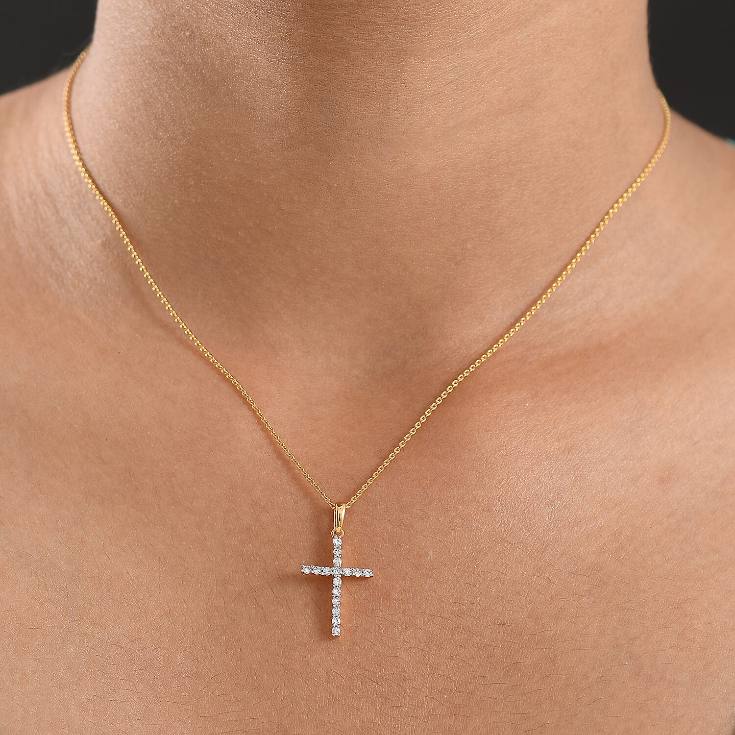 Luxuriant Lab Grown Diamond (SI-GH) Cross Pendant with Chain (Size 20) in 18K Vermeil Yellow Gold Plated Sterling Silver 0.50 Ct.