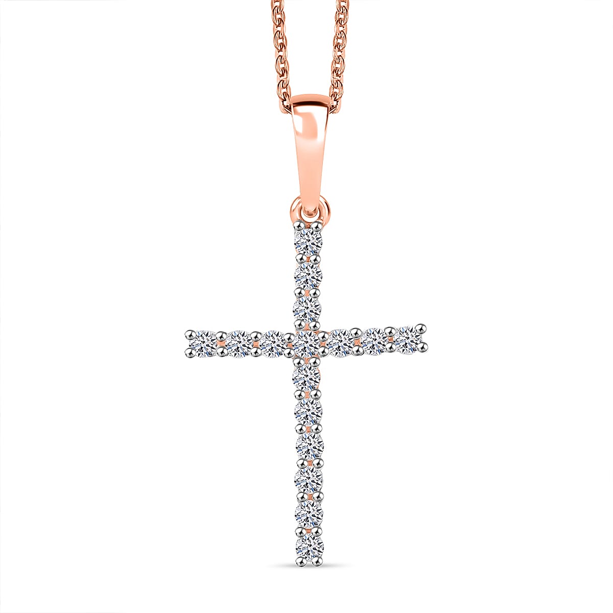 Luxuriant Lab Grown Diamond (SI-GH) Cross Pendant with Chain (Size 20) in 18K Vermeil Rose Gold Plated Sterling Silver 0.50 Ct.