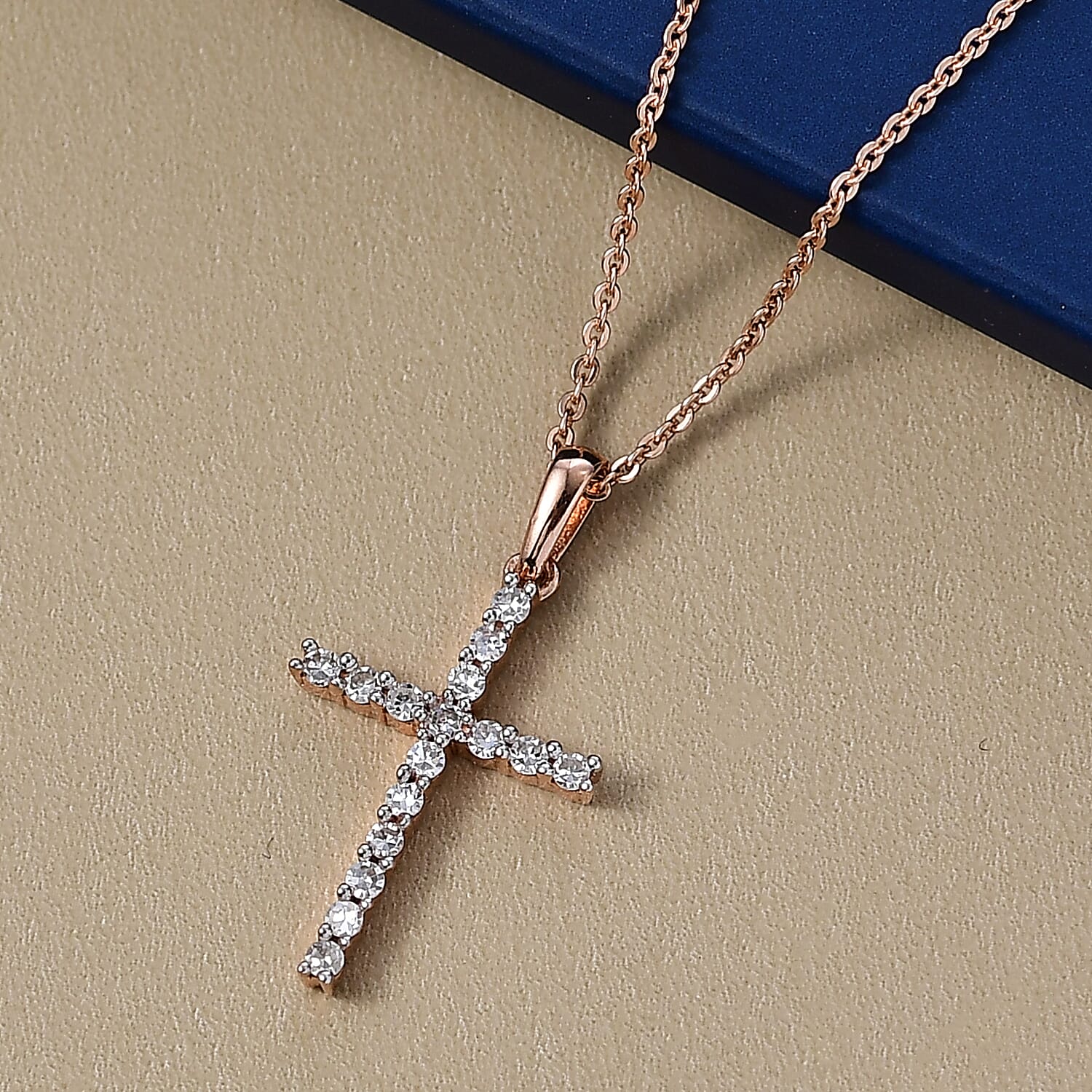 Luxuriant Lab Grown Diamond (SI-GH) Cross Pendant with Chain (Size 20) in 18K Vermeil Rose Gold Plated Sterling Silver 0.50 Ct.