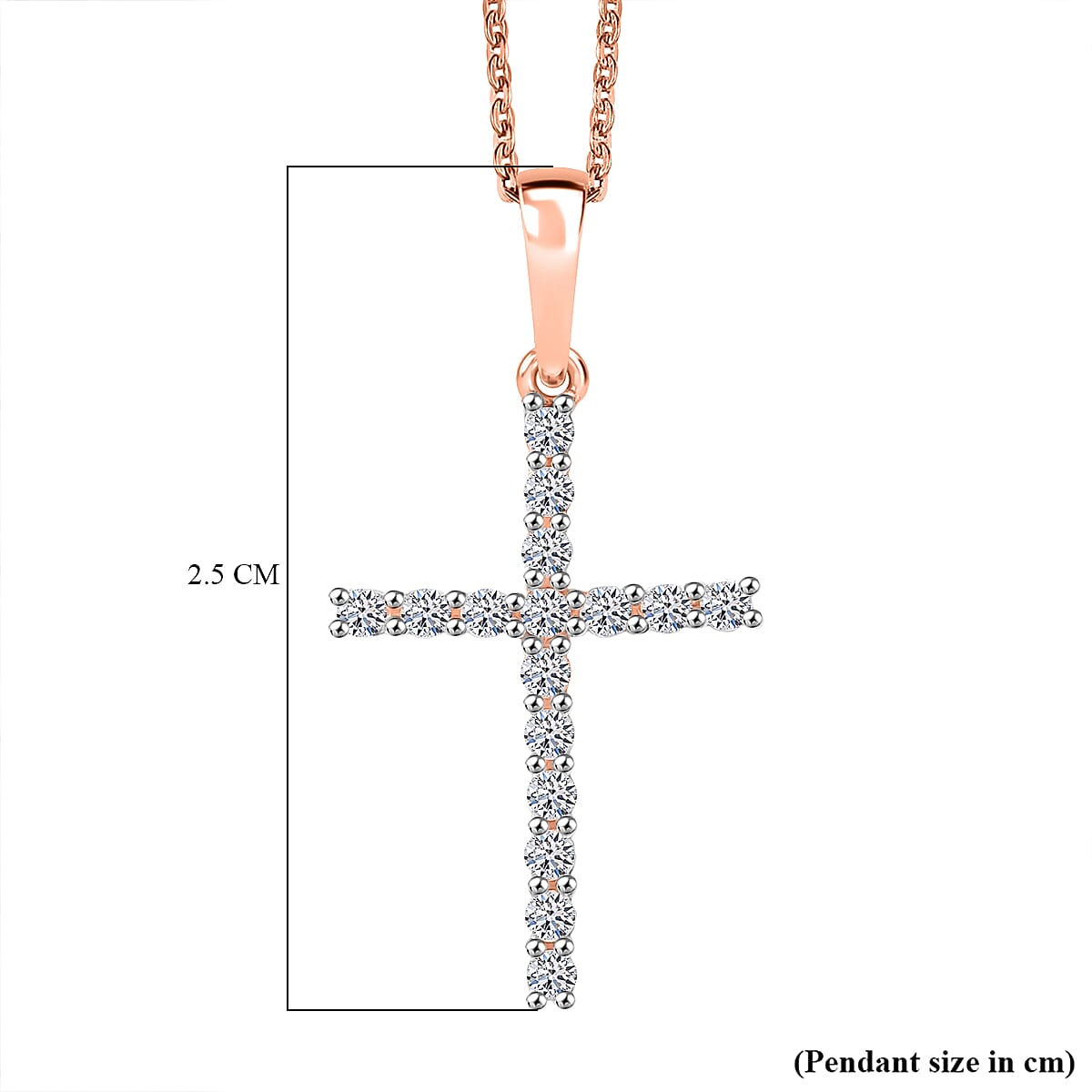 Luxuriant Lab Grown Diamond (SI-GH) Cross Pendant with Chain (Size 20) in 18K Vermeil Rose Gold Plated Sterling Silver 0.50 Ct.