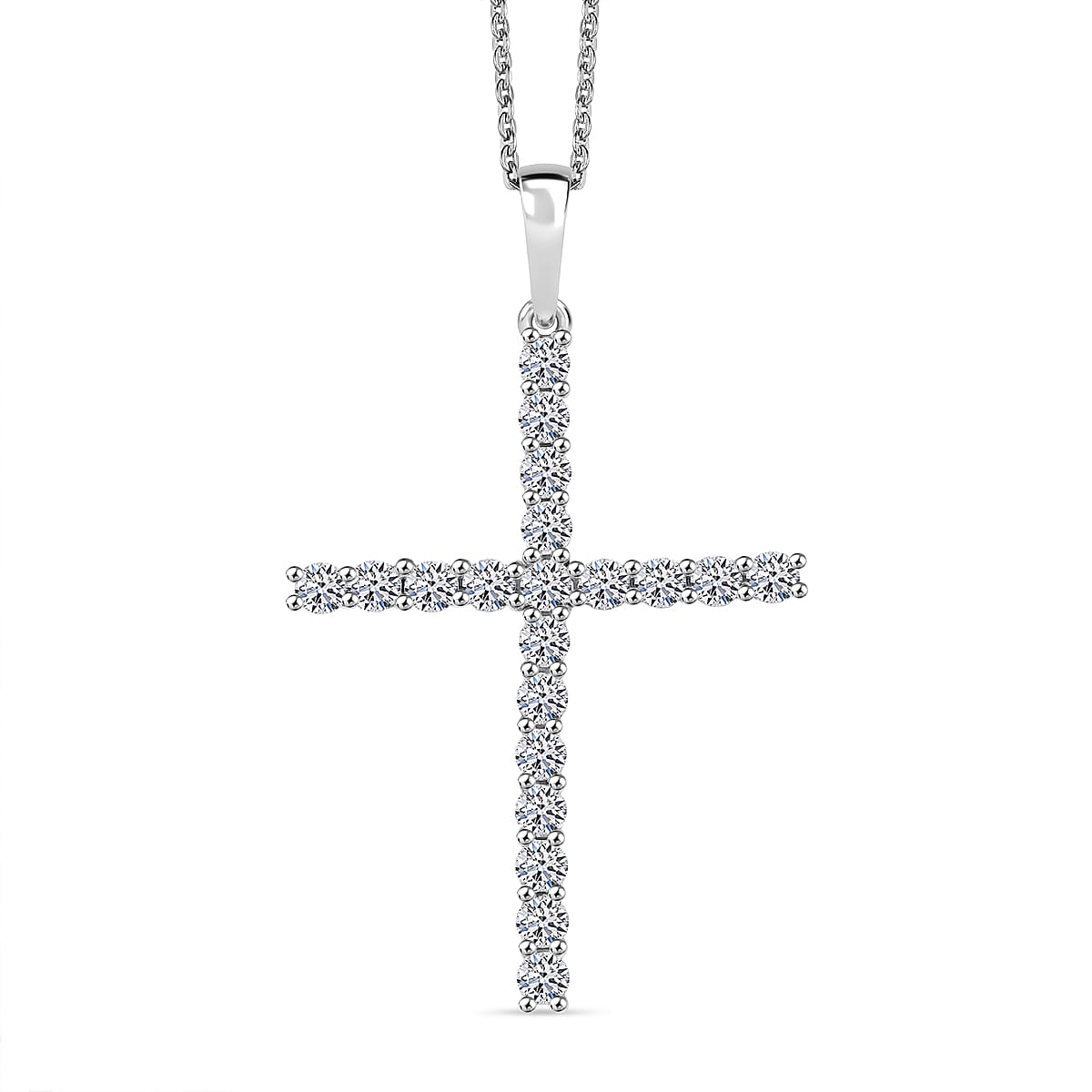Luxuriant Lab Grown Diamond (SI-GH) Cross Pendant with Chain (Size 20) in Rhodium Overlay Sterling Silver 1.00 Ct.