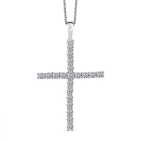Luxuriant Lab Grown Diamond (SI-GH) Cross Pendant with Chain (Size 20) in Rhodium Overlay Sterling Silver 1.00 Ct.