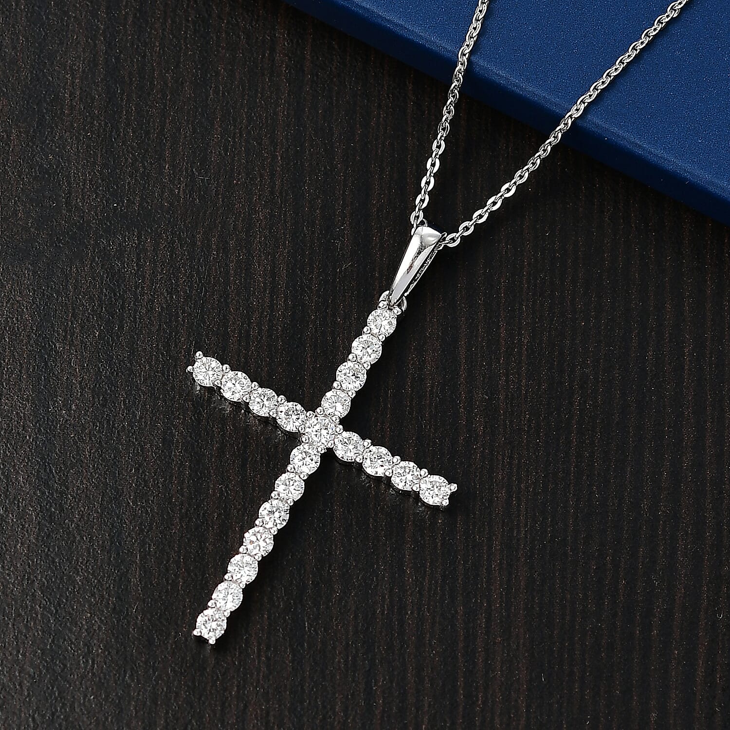 Luxuriant Lab Grown Diamond (SI-GH) Cross Pendant with Chain (Size 20) in Rhodium Overlay Sterling Silver 1.00 Ct.