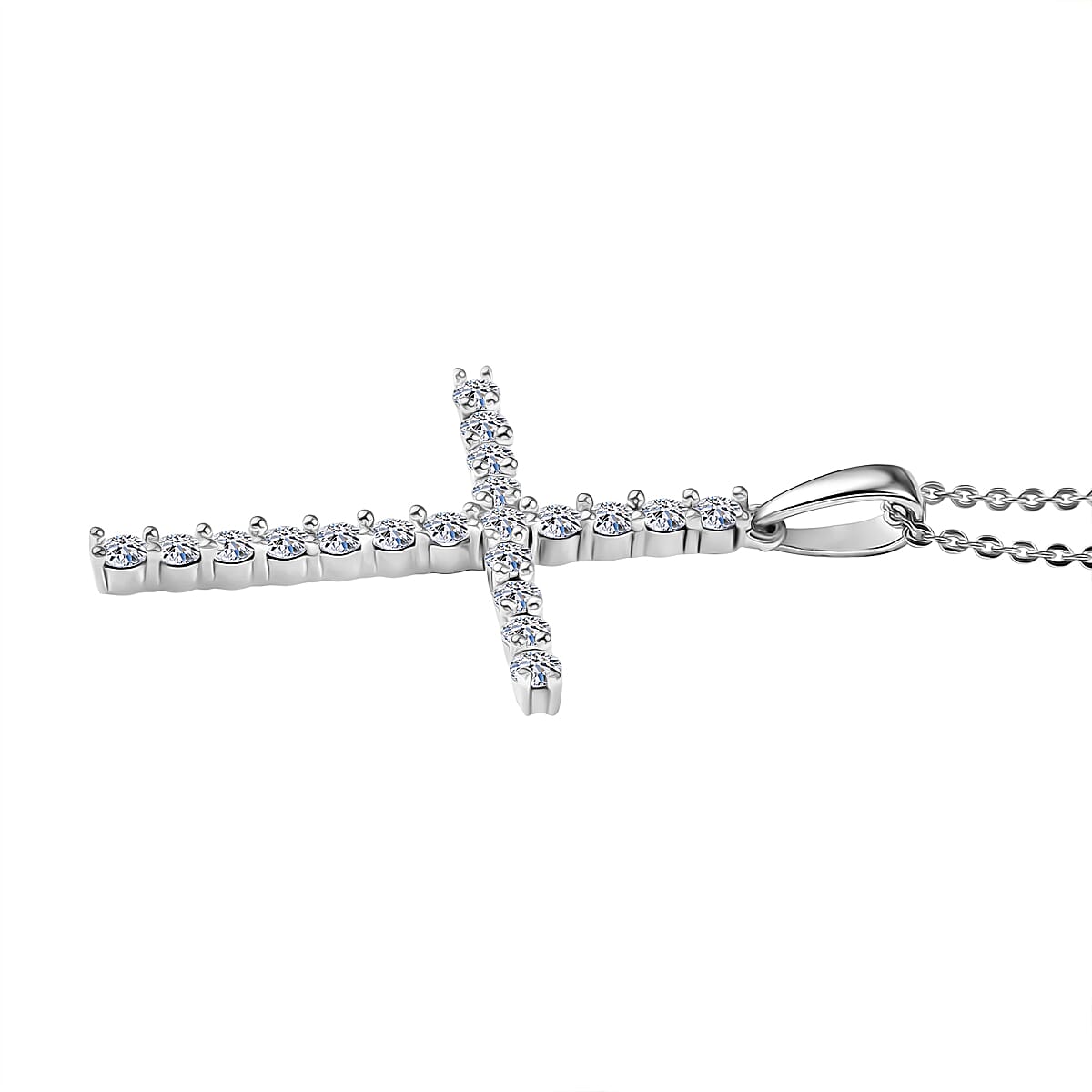 Luxuriant Lab Grown Diamond (SI-GH) Cross Pendant with Chain (Size 20) in Rhodium Overlay Sterling Silver 1.00 Ct.