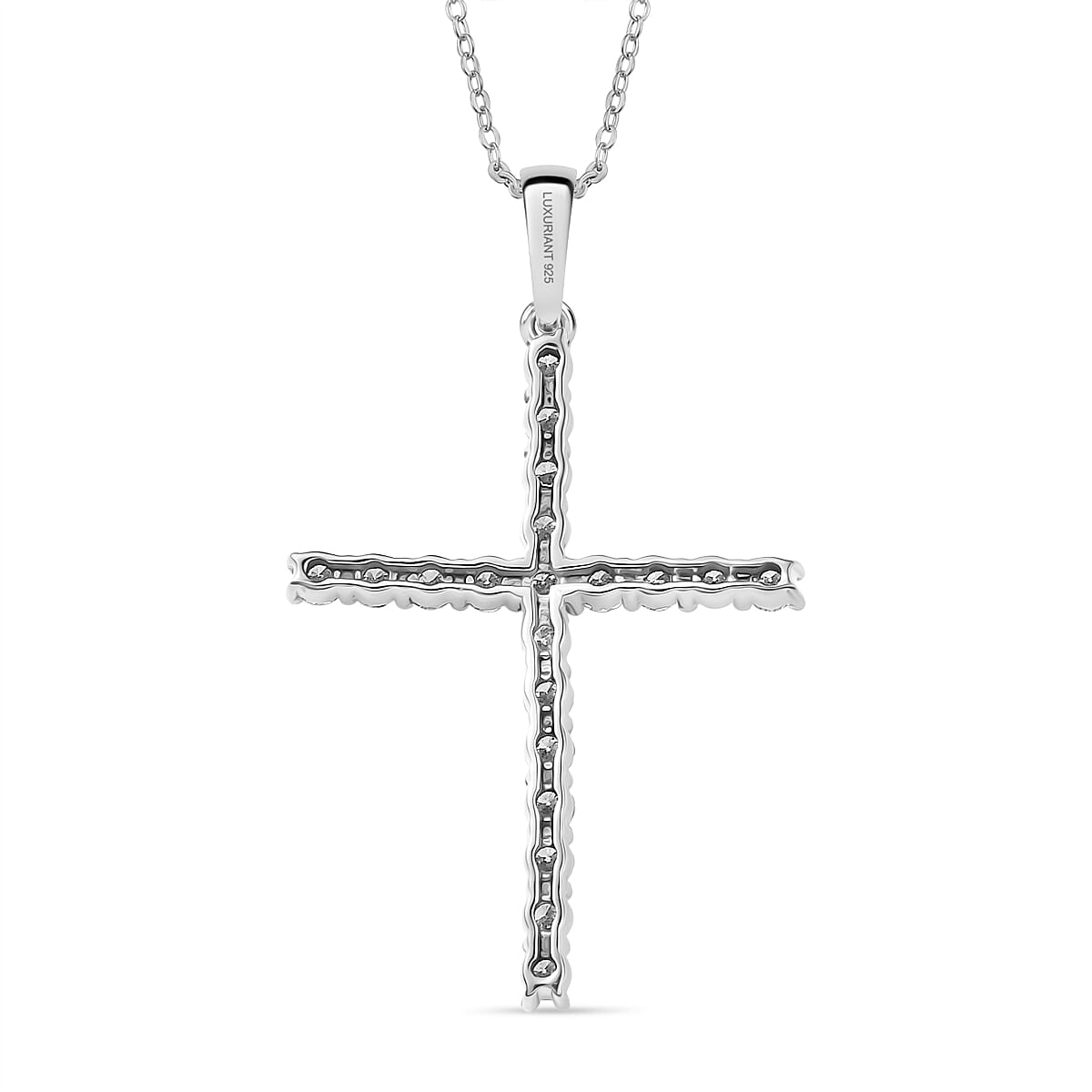 Luxuriant Lab Grown Diamond (SI-GH) Cross Pendant with Chain (Size 20) in Rhodium Overlay Sterling Silver 1.00 Ct.