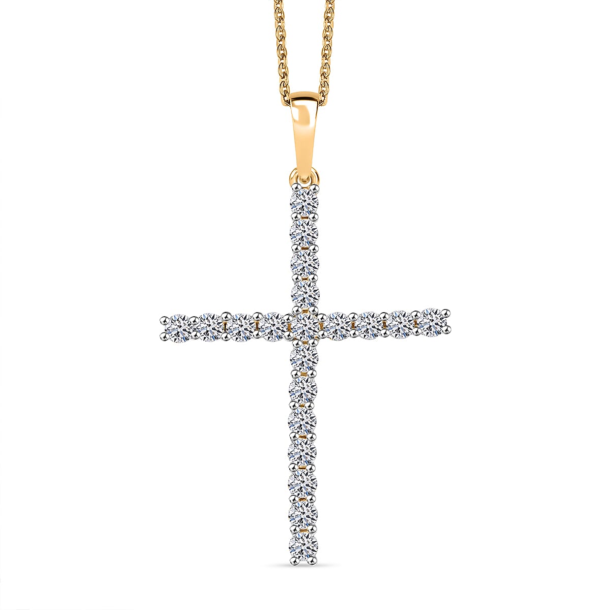 Luxuriant Lab Grown Diamond (SI-GH) Cross Pendant with Chain (Size 20) in 18K Vermeil Yellow Gold Plated Sterling Silver 1.00 Ct.