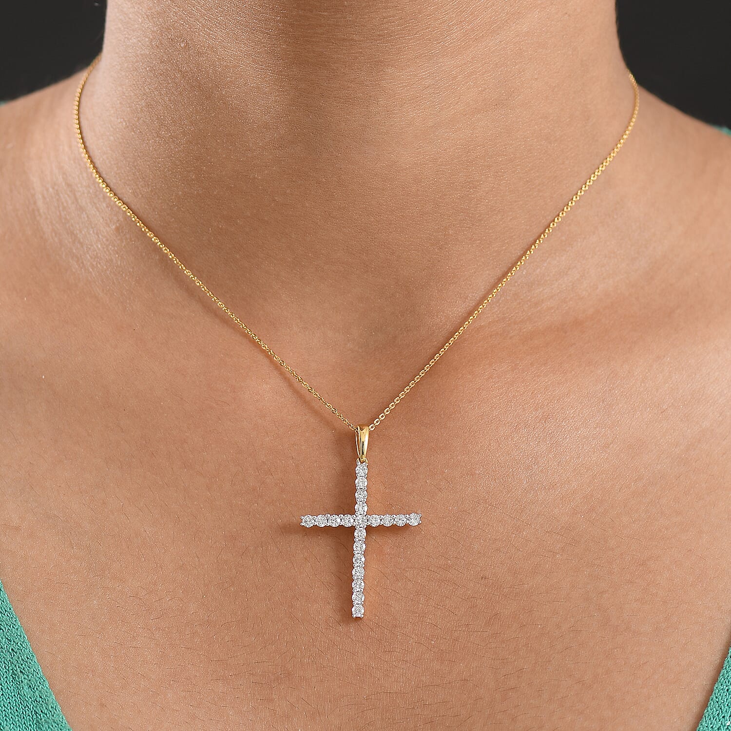 Luxuriant Lab Grown Diamond (SI-GH) Cross Pendant with Chain (Size 20) in 18K Vermeil Yellow Gold Plated Sterling Silver 1.00 Ct.