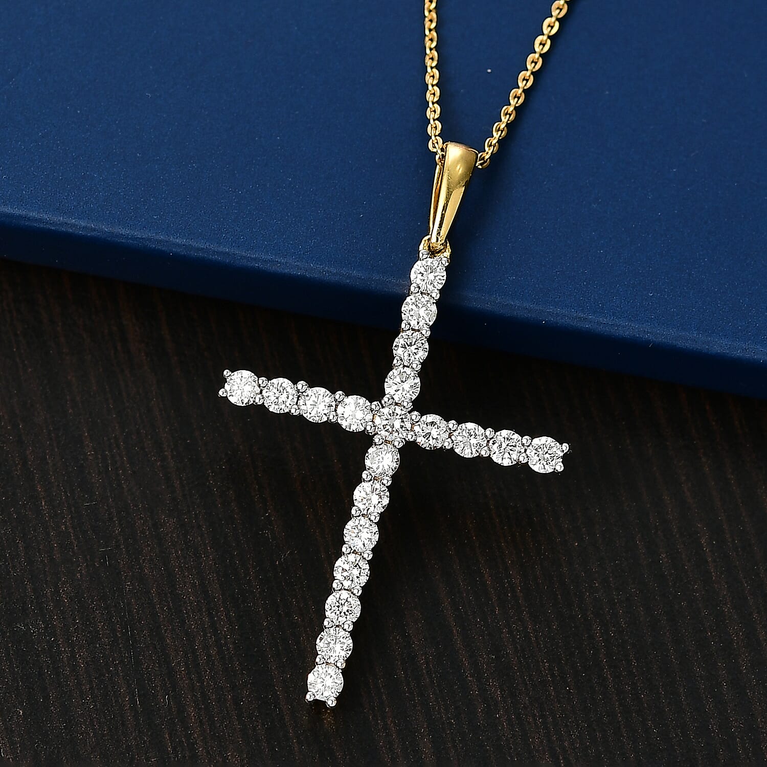 Luxuriant Lab Grown Diamond (SI-GH) Cross Pendant with Chain (Size 20) in 18K Vermeil Yellow Gold Plated Sterling Silver 1.00 Ct.
