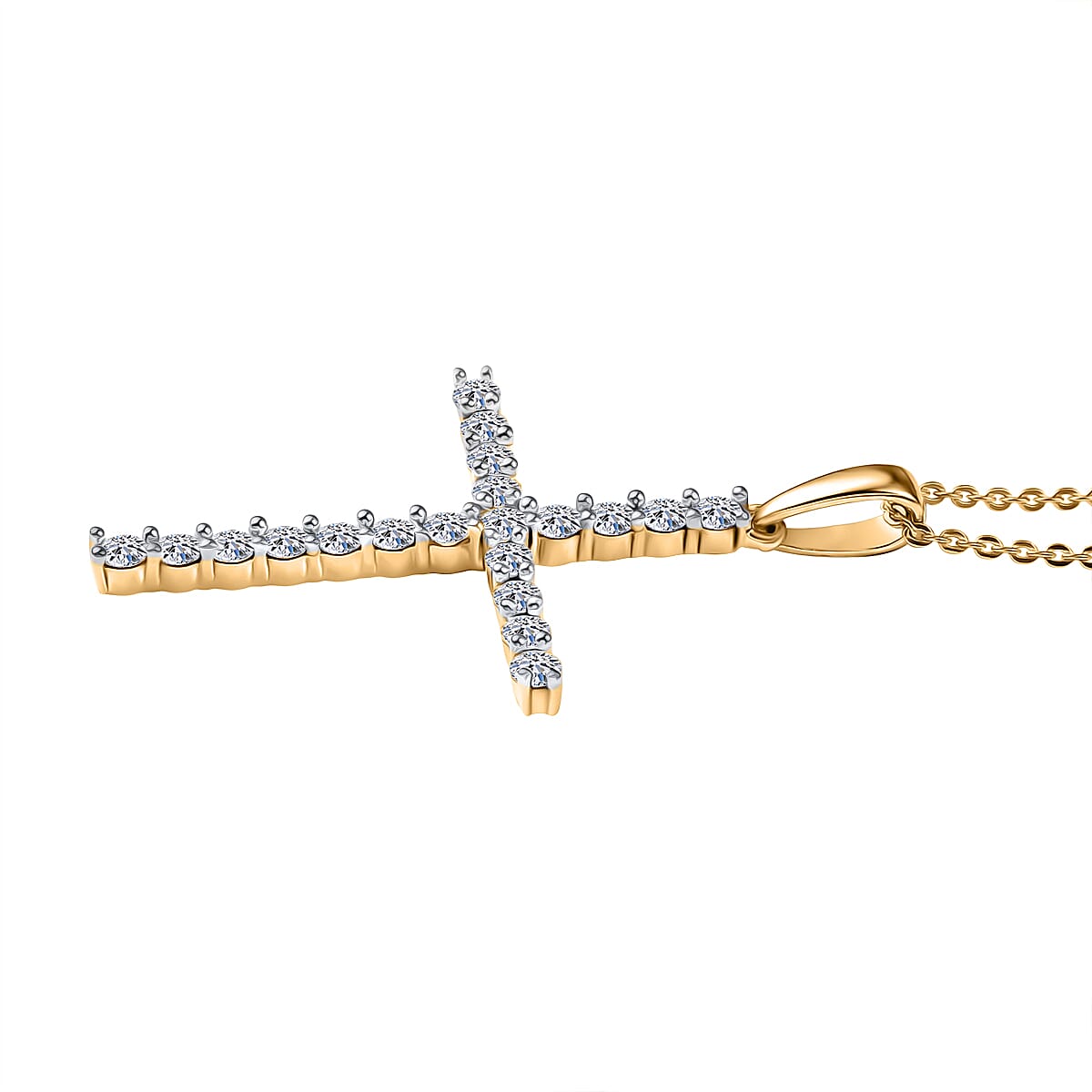 Luxuriant Lab Grown Diamond (SI-GH) Cross Pendant with Chain (Size 20) in 18K Vermeil Yellow Gold Plated Sterling Silver 1.00 Ct.