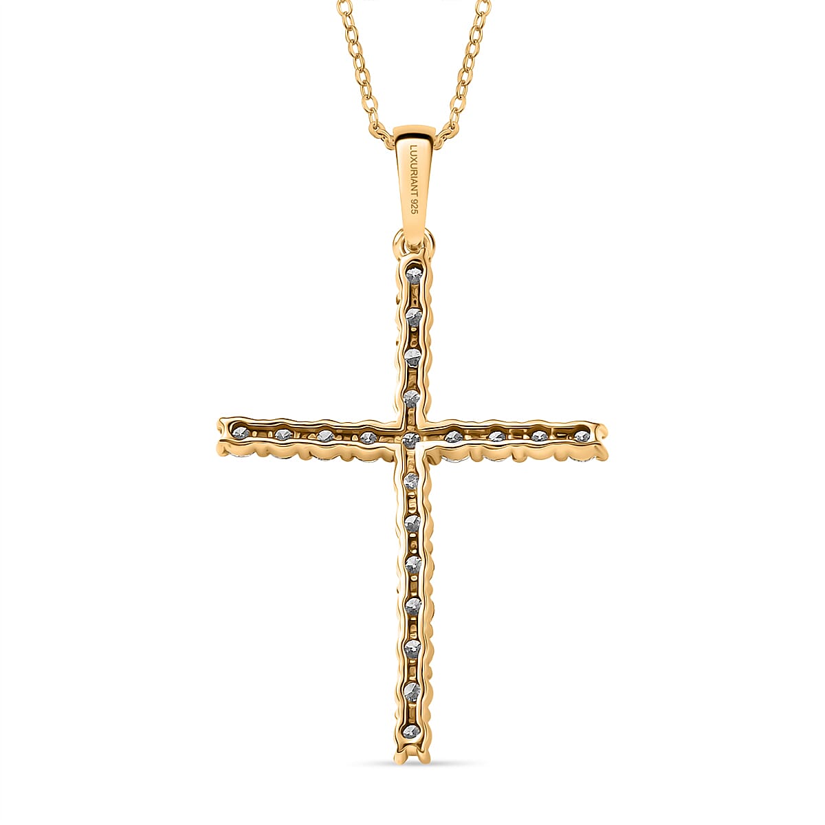 Luxuriant Lab Grown Diamond (SI-GH) Cross Pendant with Chain (Size 20) in 18K Vermeil Yellow Gold Plated Sterling Silver 1.00 Ct.