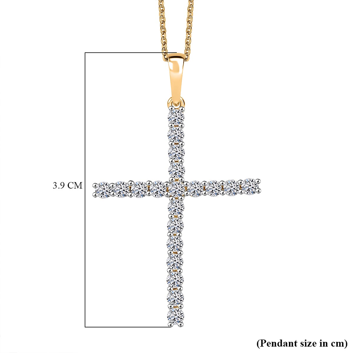 Luxuriant Lab Grown Diamond (SI-GH) Cross Pendant with Chain (Size 20) in 18K Vermeil Yellow Gold Plated Sterling Silver 1.00 Ct.