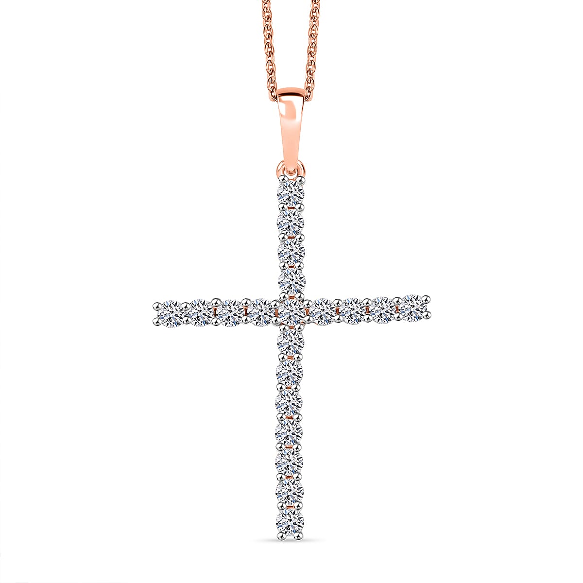Luxuriant Lab Grown Diamond (SI-GH) Cross Pendant with Chain (Size 20) in 18K Vermeil Rose Gold Plated Sterling Silver 1.00 Ct.