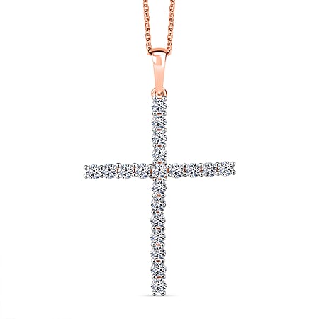 LUXURIANT 1 Ct. Lab Grown Diamond Cross Pendant with Torn Chain 19DC (Size 20) in 18K Vermeil Rose Gold Over Sterling Silver (SI-GH)