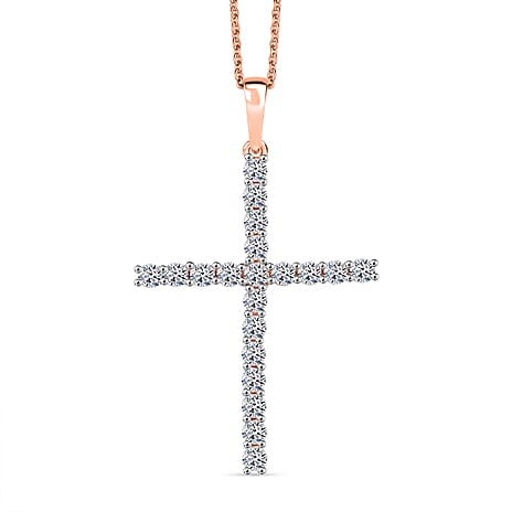 Luxuriant Lab Grown Diamond (SI-GH) Cross Pendant with Chain (Size 20) in 18K Vermeil Rose Gold Plated Sterling Silver 1.00 Ct.