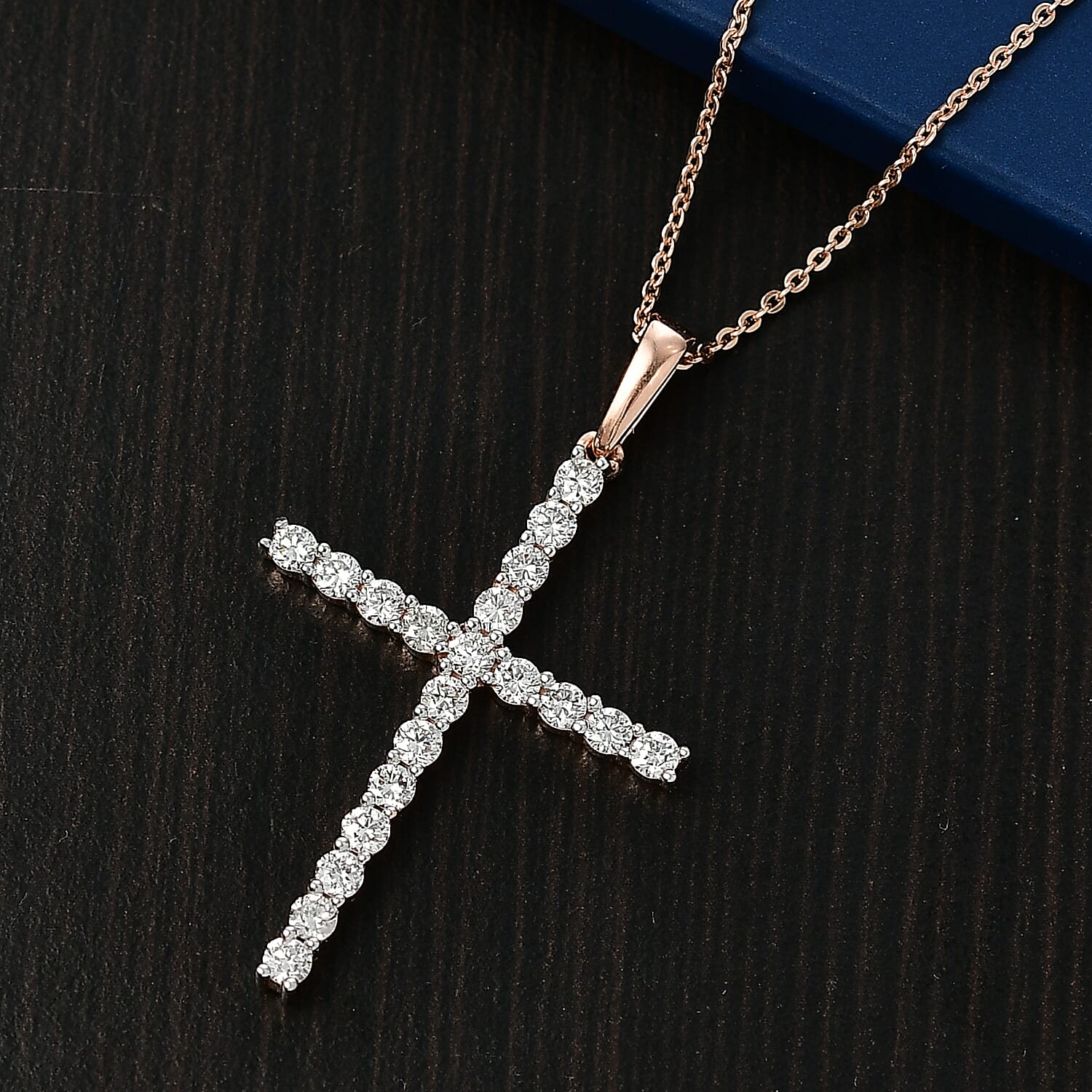 Luxuriant Lab Grown Diamond (SI-GH) Cross Pendant with Chain (Size 20) in 18K Vermeil Rose Gold Plated Sterling Silver 1.00 Ct.