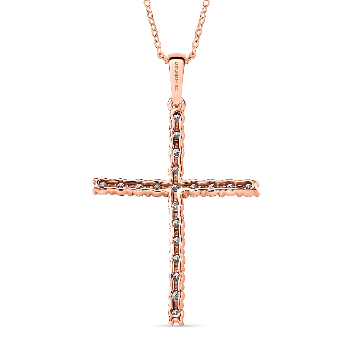 Luxuriant Lab Grown Diamond (SI-GH) Cross Pendant with Chain (Size 20) in 18K Vermeil Rose Gold Plated Sterling Silver 1.00 Ct.