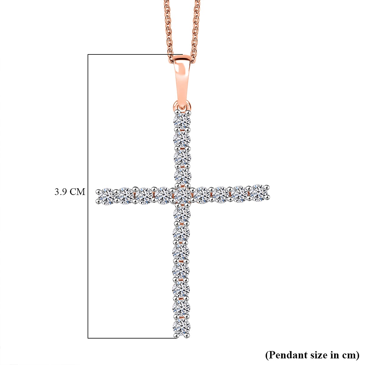 Luxuriant Lab Grown Diamond (SI-GH) Cross Pendant with Chain (Size 20) in 18K Vermeil Rose Gold Plated Sterling Silver 1.00 Ct.