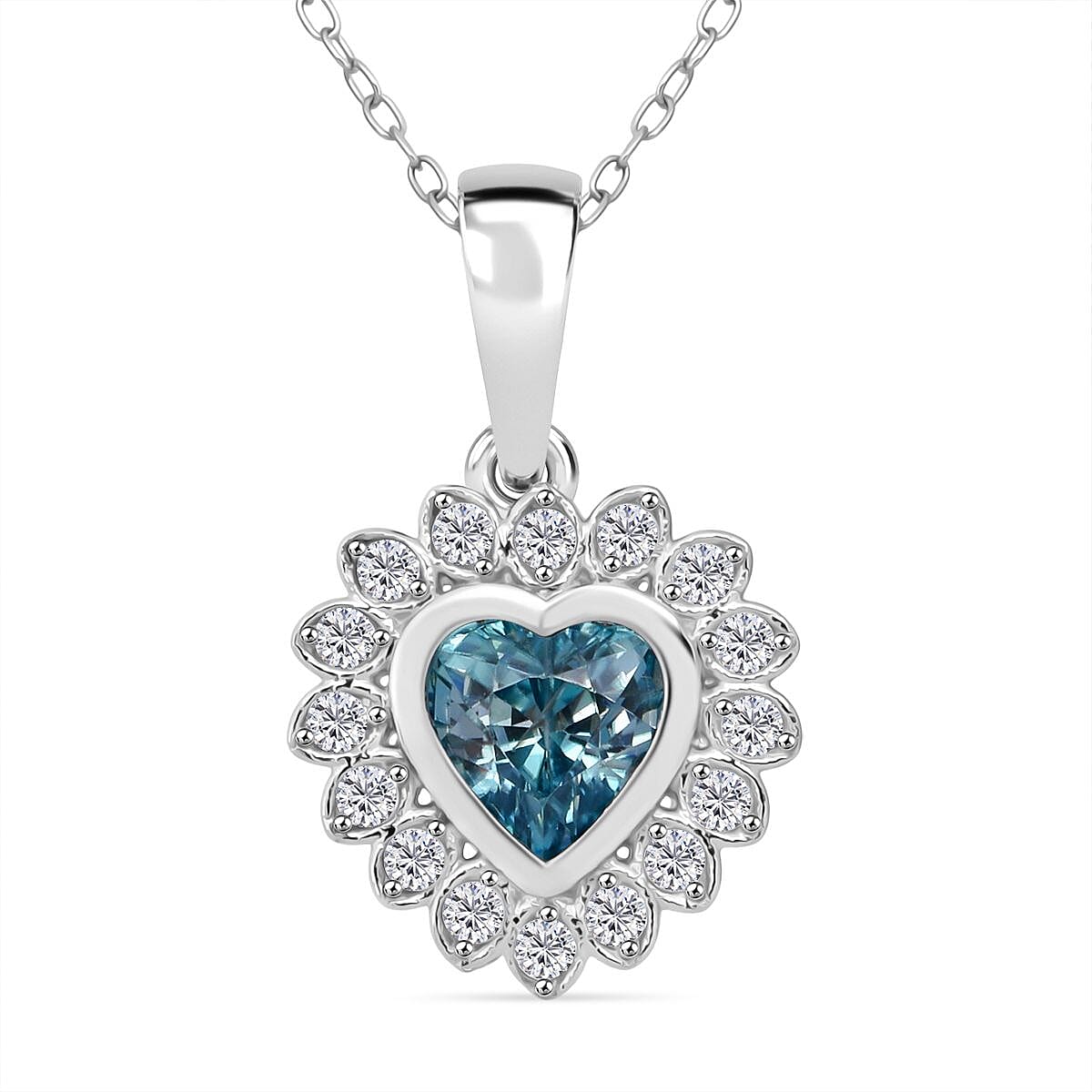 D'Joy Blue Zircon & White Zircon Pendant with Chain (Size 20) in Rhodium Overlay Sterling Silver 1.51 Ct.