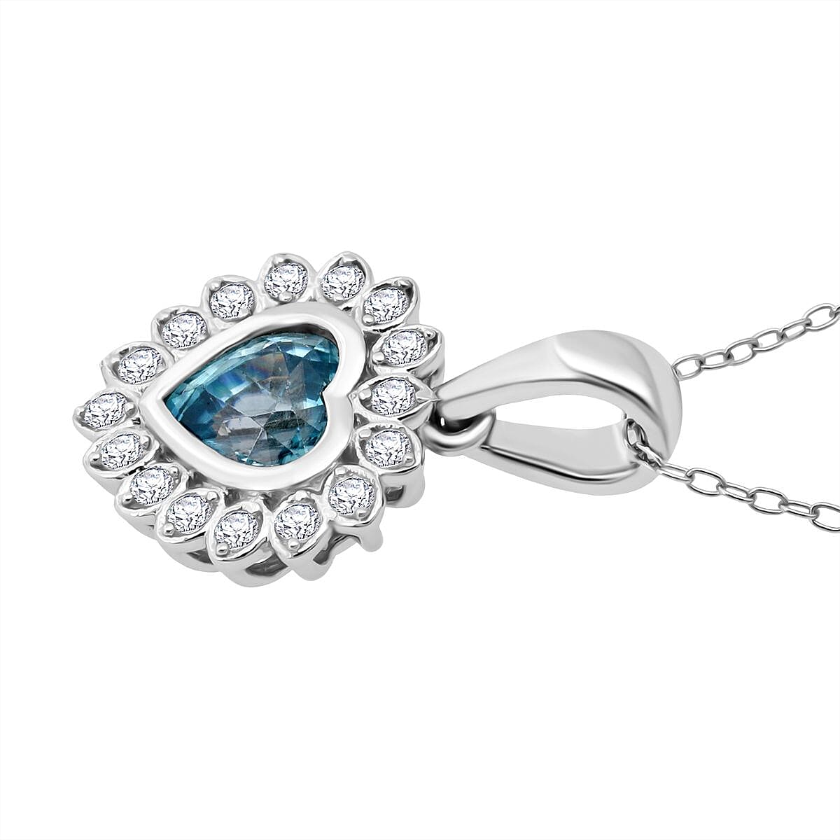 D'Joy Blue Zircon & White Zircon Pendant with Chain (Size 20) in Rhodium Overlay Sterling Silver 1.51 Ct.