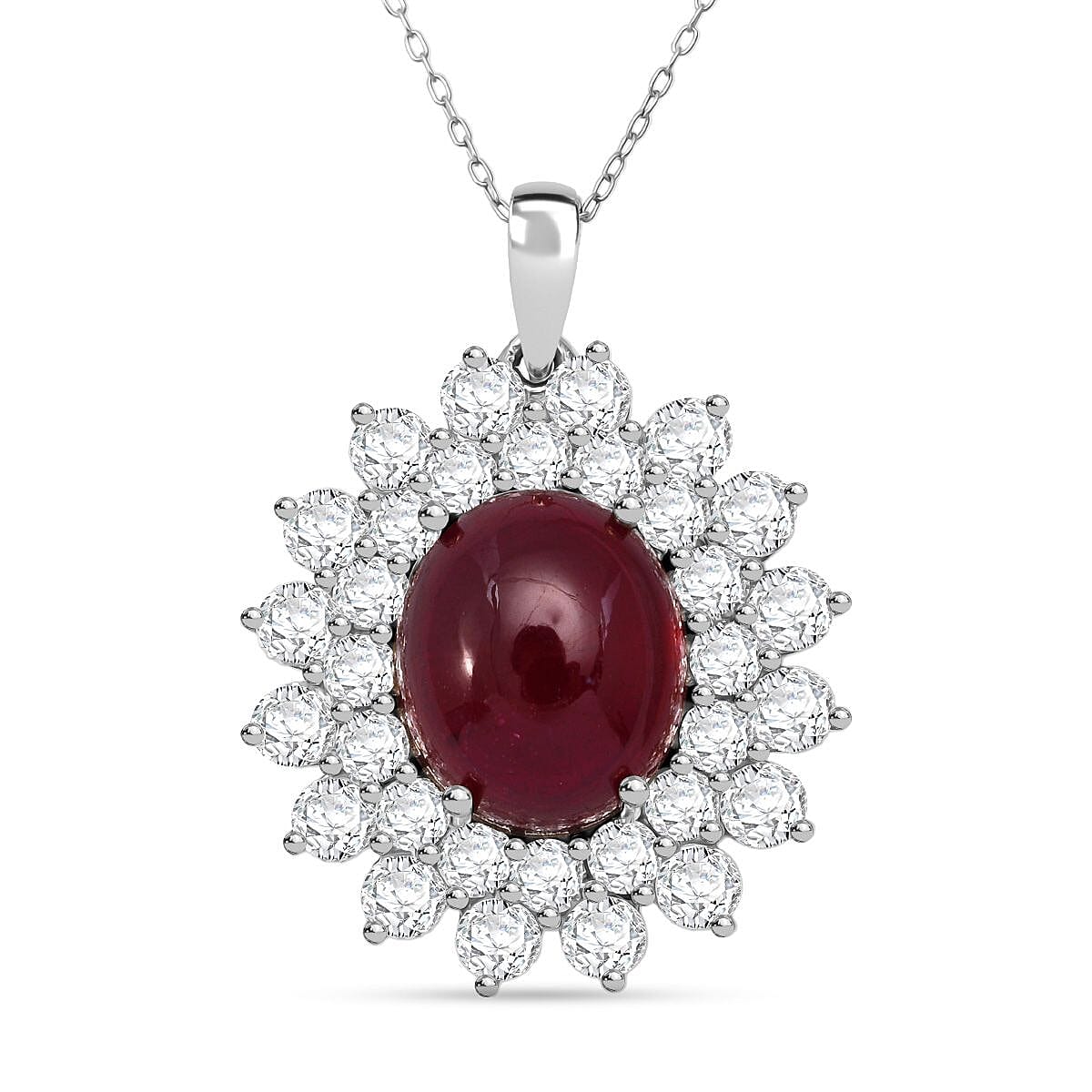 African Ruby,  Moissanite Pendant with Chain (Size 20) in Rhodium Overlay Sterling Silver 4.20 ct  Silver Wt. 6 Gms  18.020  Ct.