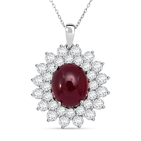 African Ruby,  Moissanite Pendant with Chain (Size 20) in Rhodium Overlay Sterling Silver 4.20 ct  Silver Wt. 6 Gms  18.020  Ct.