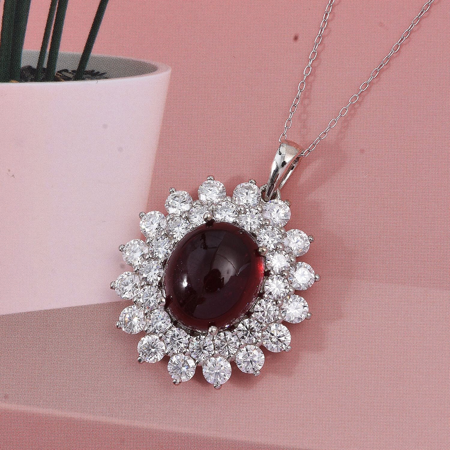 African Ruby,  Moissanite Pendant with Chain (Size 20) in Rhodium Overlay Sterling Silver 4.20 ct  Silver Wt. 6 Gms  18.020  Ct.