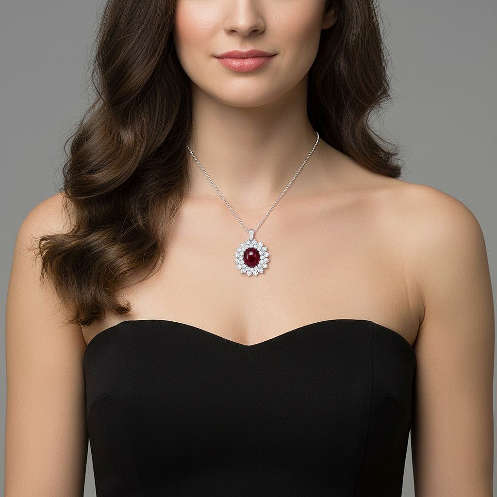 African Ruby,  Moissanite Pendant with Chain (Size 20) in Rhodium Overlay Sterling Silver 4.20 ct  Silver Wt. 6 Gms  18.020  Ct.