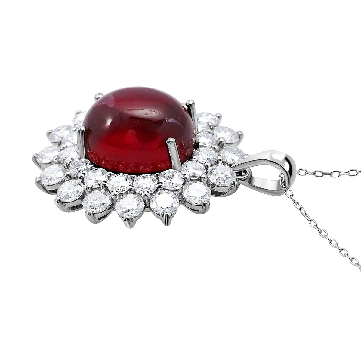 African Ruby,  Moissanite Pendant with Chain (Size 20) in Rhodium Overlay Sterling Silver 4.20 ct  Silver Wt. 6 Gms  18.020  Ct.