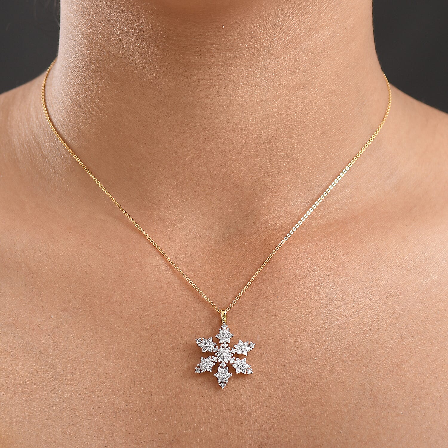 Luxuriant Lab Grown Diamond (SI-GH) Snowflake Pendant with Chain (Size 20) in 18K Vermeil Yellow Gold Plated Sterling Silver 1.00 Ct.