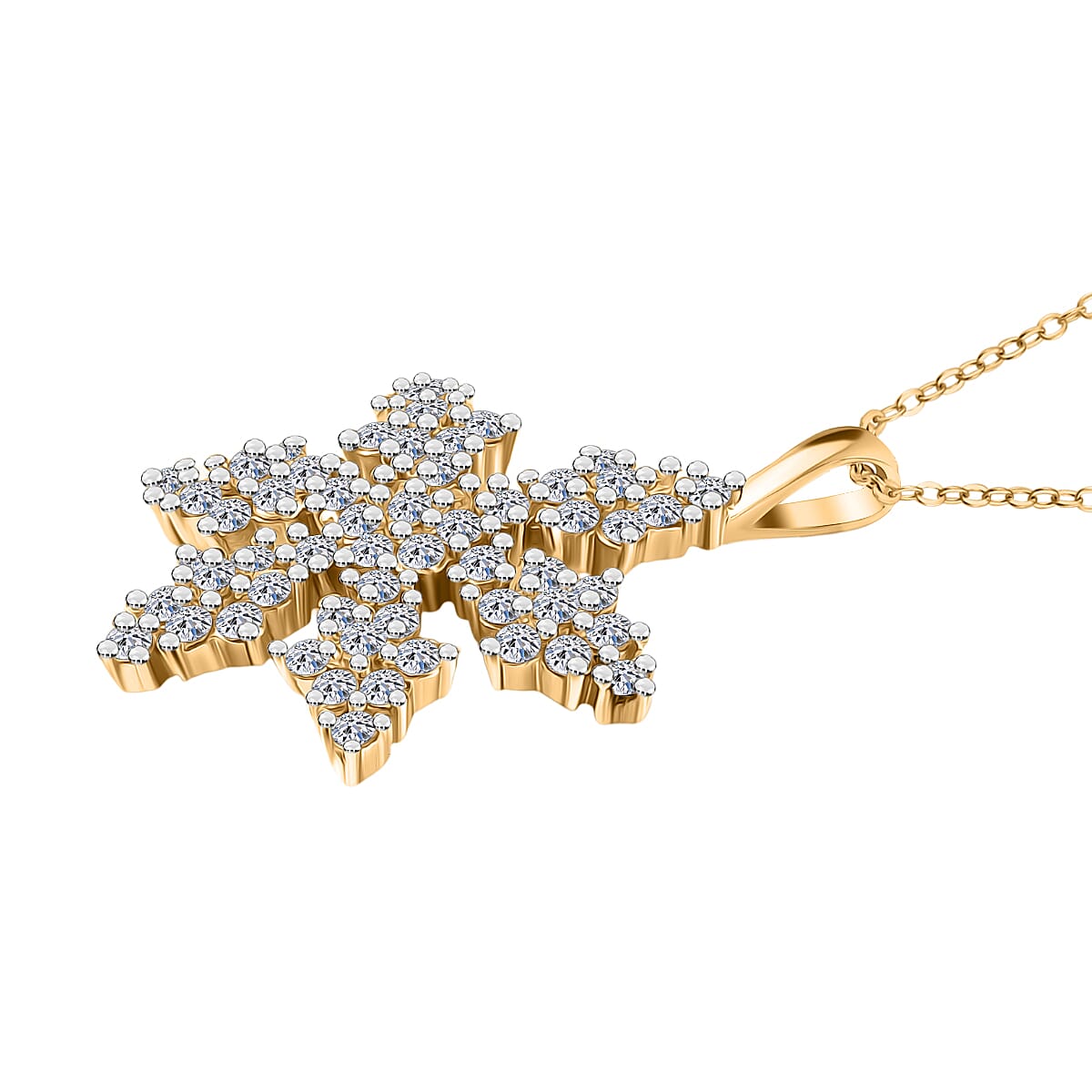 Luxuriant Lab Grown Diamond (SI-GH) Snowflake Pendant with Chain (Size 20) in 18K Vermeil Yellow Gold Plated Sterling Silver 1.00 Ct.