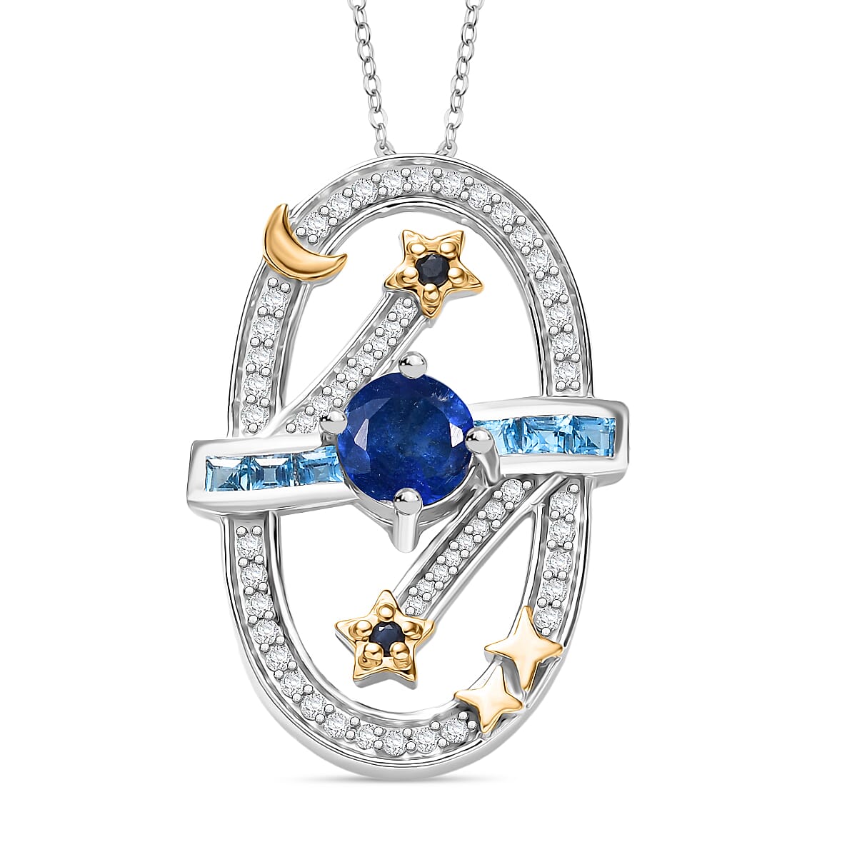 GP Celestial Dream Collection - Kyanite, Swiss Blue Topaz, White Zircon & Kanchanaburi Blue Sapphire Pendant with Chain (Size 20) in Two Tone Plated Sterling Silver 1.89 Ct, Silver Wt. 5.16 Gms.