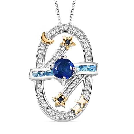 GP Celestial Dream Collection - Kyanite, Swiss Blue Topaz, White Zircon & Kanchanaburi Blue Sapphire Pendant with Chain (Size 20) in Two Tone Plated Sterling Silver 1.89 Ct, Silver Wt. 5.16 Gms.