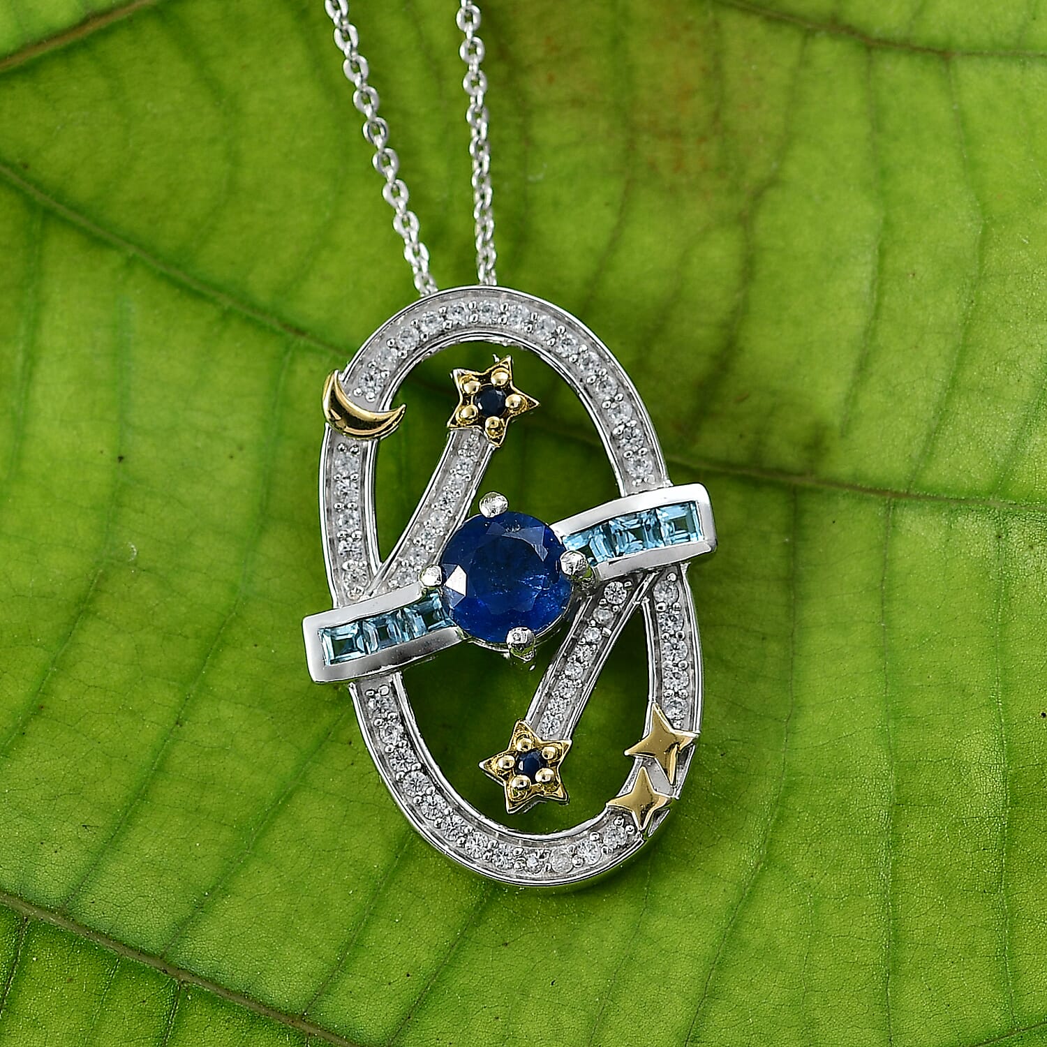 GP Celestial Dream Collection - Kyanite, Swiss Blue Topaz, White Zircon & Kanchanaburi Blue Sapphire Pendant with Chain (Size 20) in Two Tone Plated Sterling Silver 1.89 Ct, Silver Wt. 5.16 Gms.