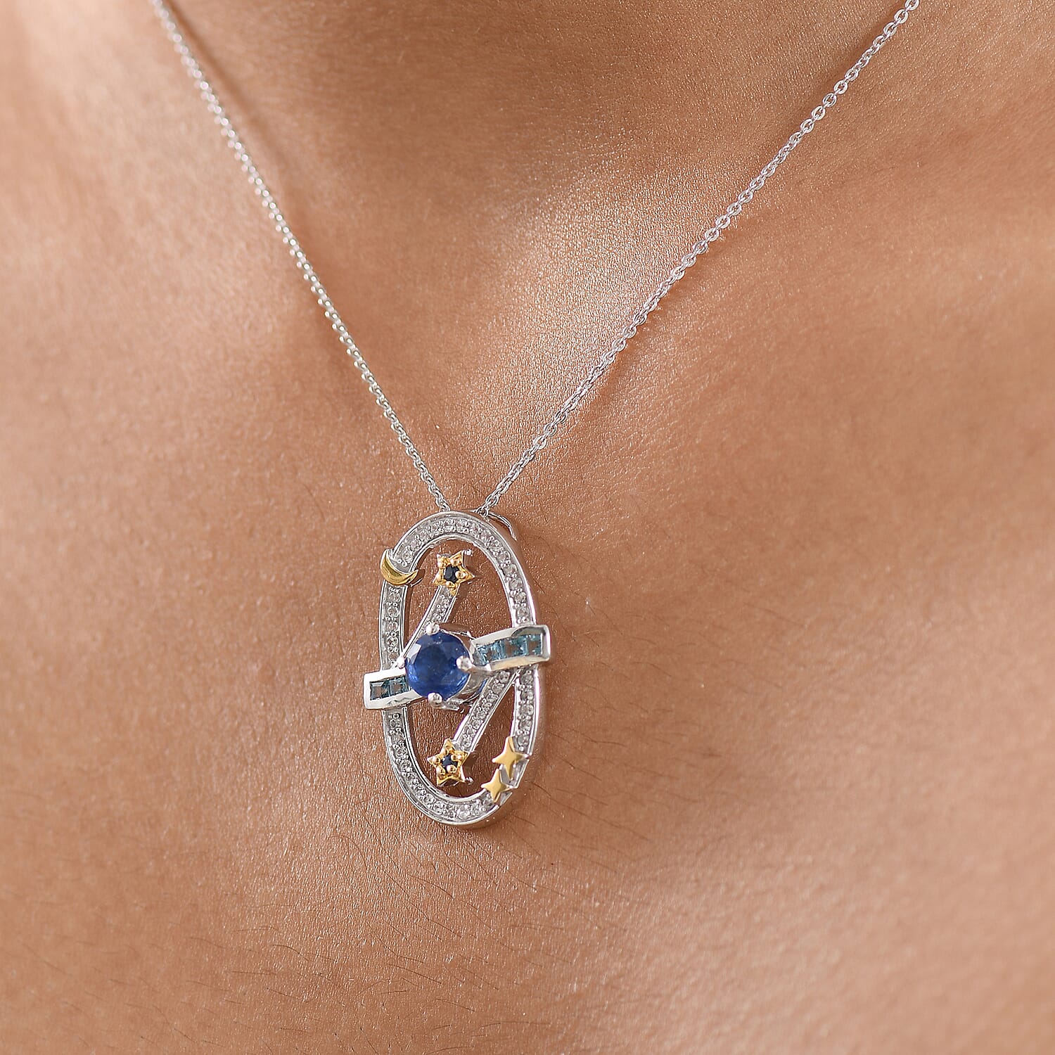 GP Celestial Dream Collection - Kyanite, Swiss Blue Topaz, White Zircon & Kanchanaburi Blue Sapphire Pendant with Chain (Size 20) in Two Tone Plated Sterling Silver 1.89 Ct, Silver Wt. 5.16 Gms.