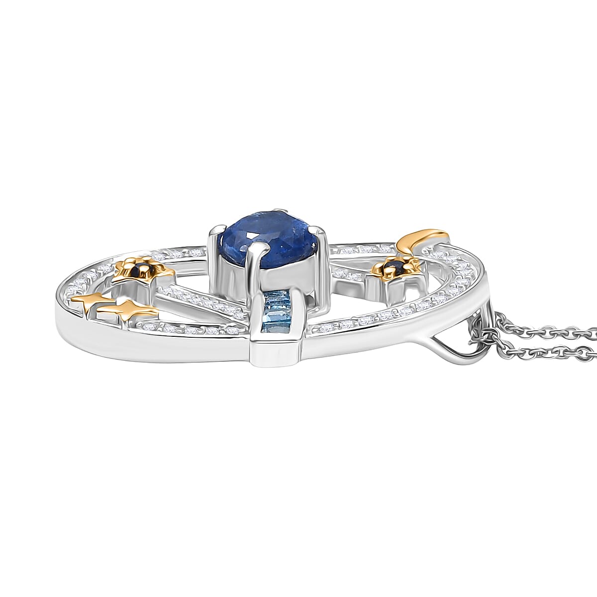 GP Celestial Dream Collection - Kyanite, Swiss Blue Topaz, White Zircon & Kanchanaburi Blue Sapphire Pendant with Chain (Size 20) in Two Tone Plated Sterling Silver 1.89 Ct, Silver Wt. 5.16 Gms.