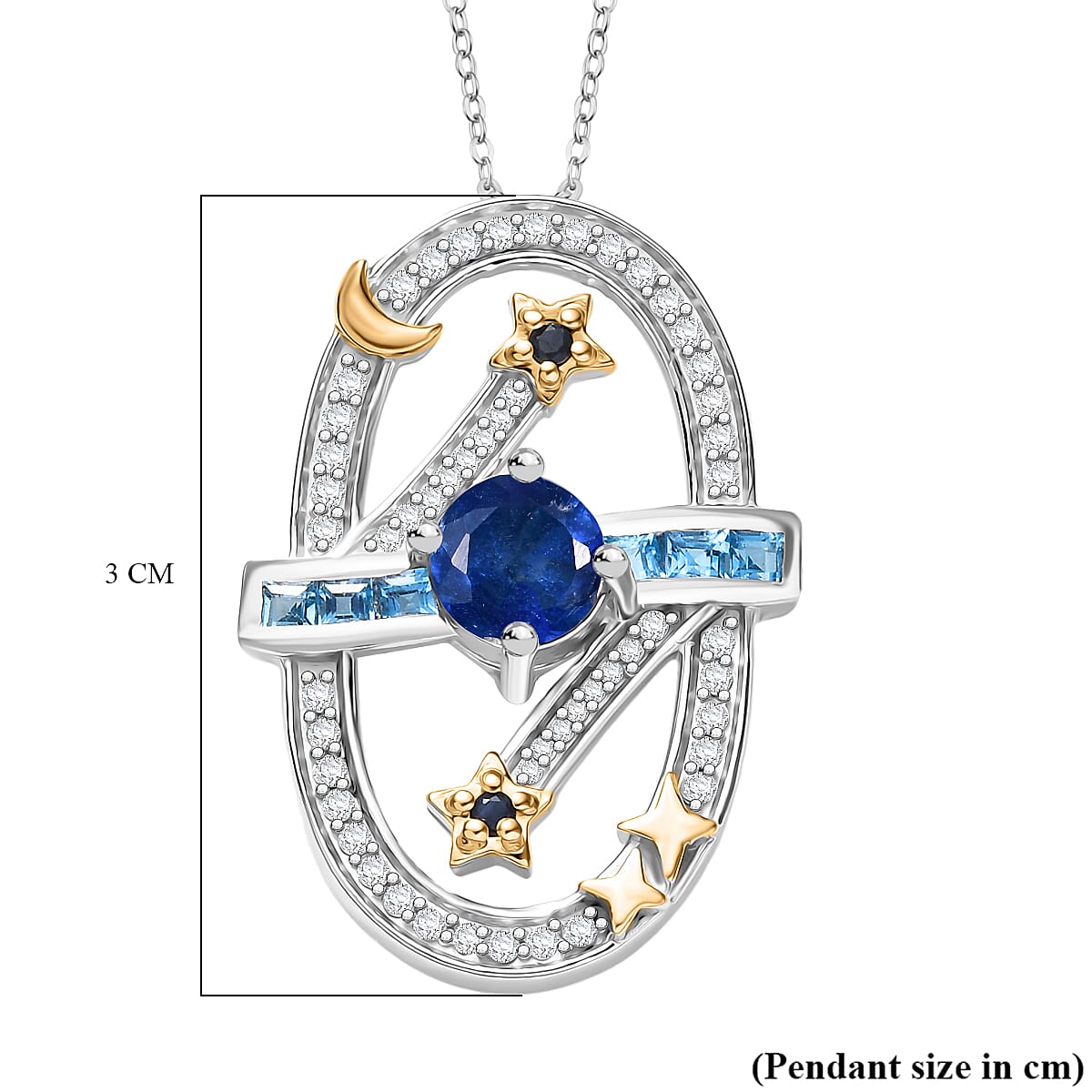 GP Celestial Dream Collection - Kyanite, Swiss Blue Topaz, White Zircon & Kanchanaburi Blue Sapphire Pendant with Chain (Size 20) in Two Tone Plated Sterling Silver 1.89 Ct, Silver Wt. 5.16 Gms.