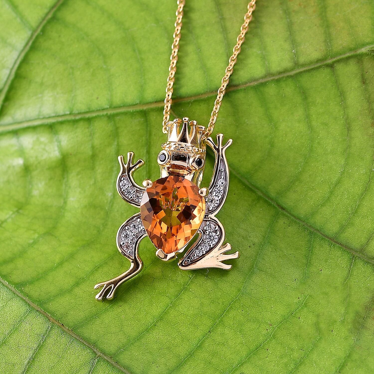 GP Trionfo Collection - Serra Gaucha Citrine & Multi Gemstones Frog with Crown Pendant with Chain in 18K Vermeil Yellow Gold Plated Sterling Silver 2.49 Ct.