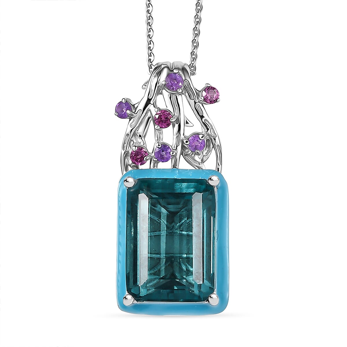 GP Italian Garden Collection - Teal Fluorite, African Amethyst, Rhodolite Garnet & Blue Sapphire Pendant with Chain (Size 20) in Rhodium Overlay Sterling Silver 9.83 Ct, Silver Wt. 5.66 Gms.