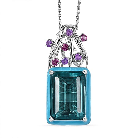 GP Italian Garden Collection - Teal Fluorite, African Amethyst, Rhodolite Garnet & Blue Sapphire Pendant with Chain (Size 20) in Rhodium Overlay Sterling Silver 9.83 Ct, Silver Wt. 5.66 Gms.