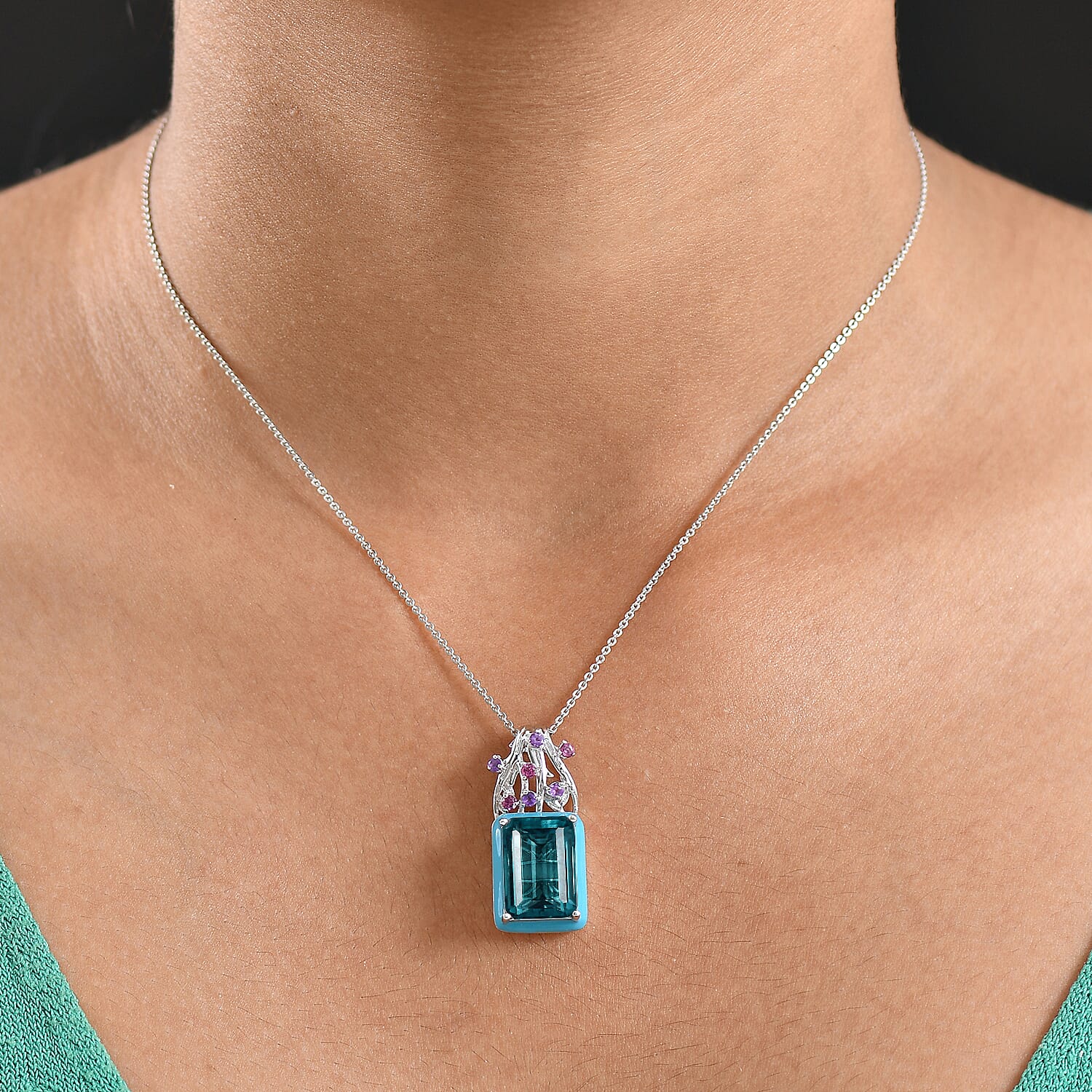 GP Italian Garden Collection - Teal Fluorite, African Amethyst, Rhodolite Garnet & Blue Sapphire Pendant with Chain (Size 20) in Rhodium Overlay Sterling Silver 9.83 Ct, Silver Wt. 5.66 Gms.