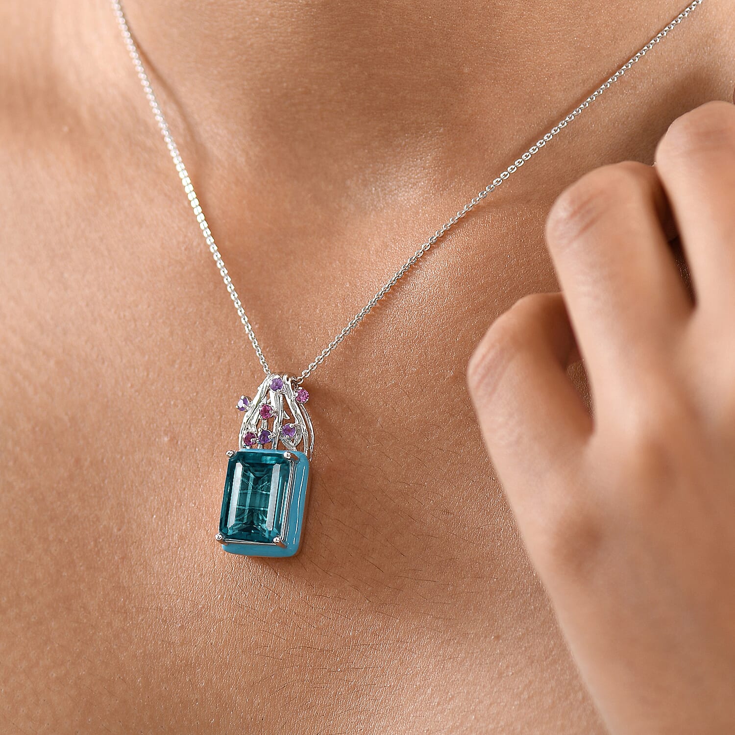 GP Italian Garden Collection - Teal Fluorite, African Amethyst, Rhodolite Garnet & Blue Sapphire Pendant with Chain (Size 20) in Rhodium Overlay Sterling Silver 9.83 Ct, Silver Wt. 5.66 Gms.