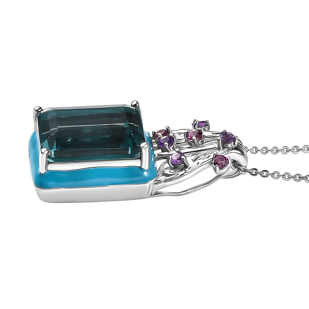 GP Italian Garden Collection - Teal Fluorite, African Amethyst, Rhodolite Garnet & Blue Sapphire Pendant with Chain (Size 20) in Rhodium Overlay Sterling Silver 9.83 Ct, Silver Wt. 5.66 Gms.