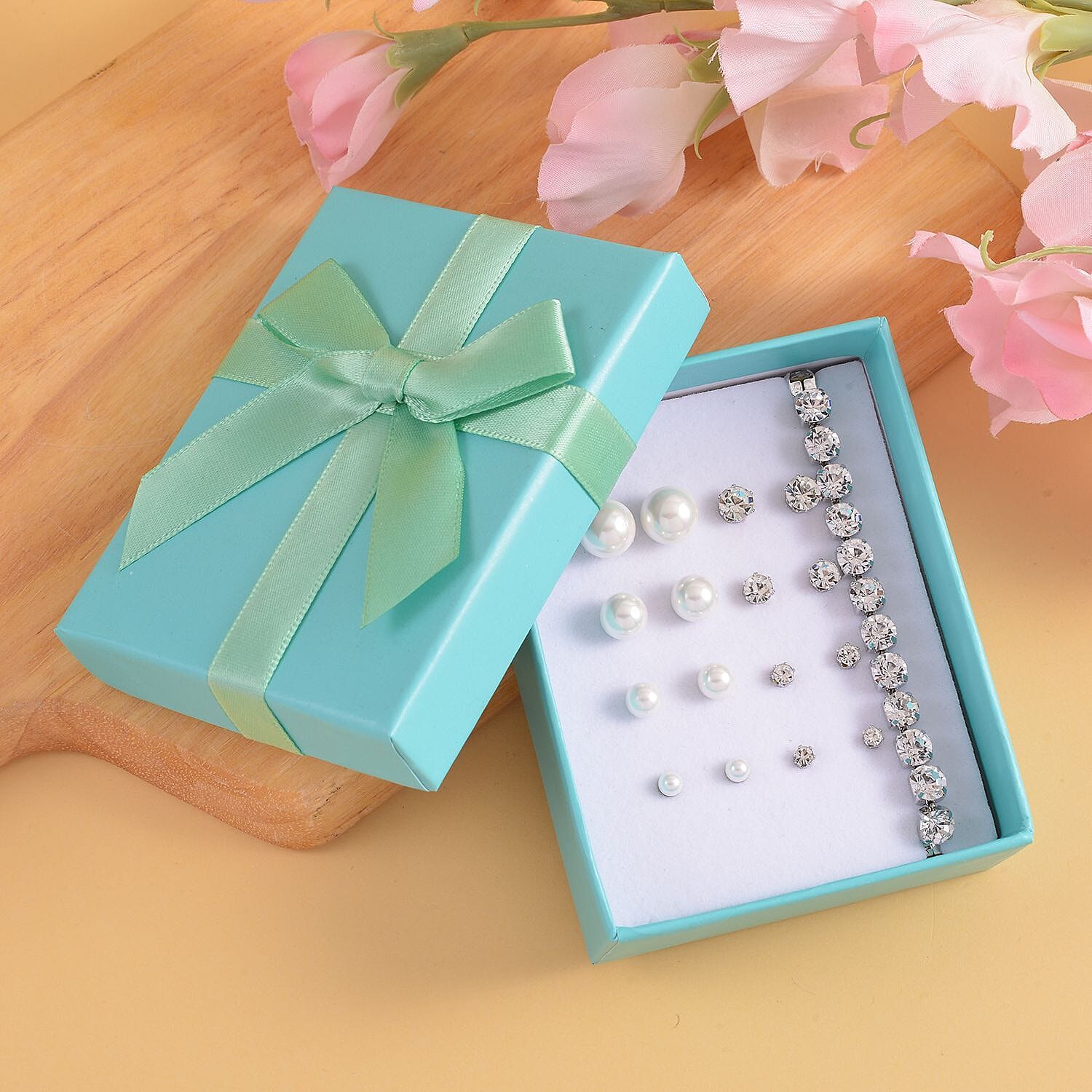 9 Piece Set - 4 White Colour Shell Pearl Earrings, 4 Magic Colour Crystal Earrings and Tennis Bracelet (Size 8 - 1.5 Ext) 52.50 Ct.
