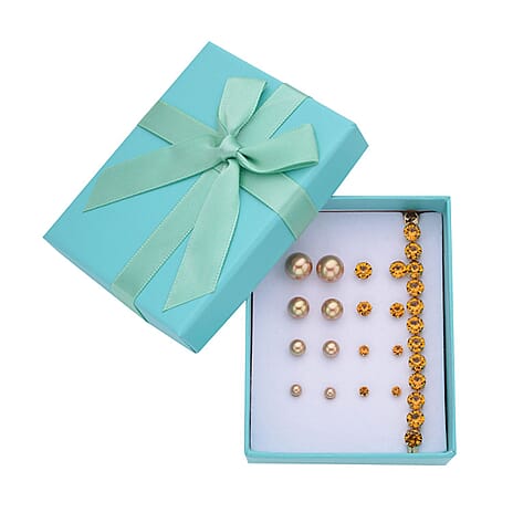 9 Piece Set - Peach Shell Pearl & Champagne Crystal Bracelet (Size 8 - 1.5 Ext) & Earring 52.50 Ct.