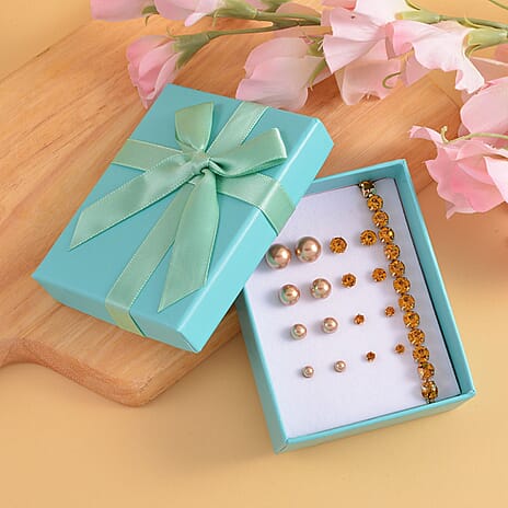 9 Piece Set - Peach Shell Pearl & Champagne Crystal Bracelet (Size 8 - 1.5 Ext) & Earring 52.50 Ct.
