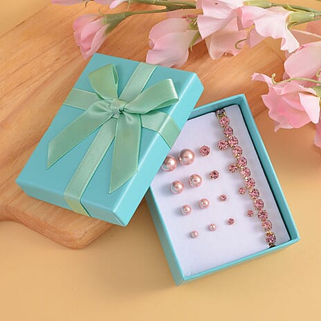 9 Piece Set - 4 Pink Colour Shell Pearl Earrings, 4 Magic Colour Crystal Earrings and Tennis Bracelet (Size 8 - 1.5 Ext) 52.50 Ct.