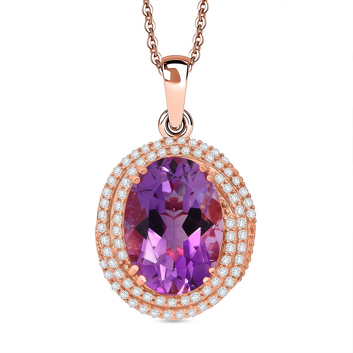 Rose De France Amethyst,  White Zircon Pendant with Chain (Size 20) in 18K RG Vermeil Sterling Silver 0.78 ct  6.280  Ct.