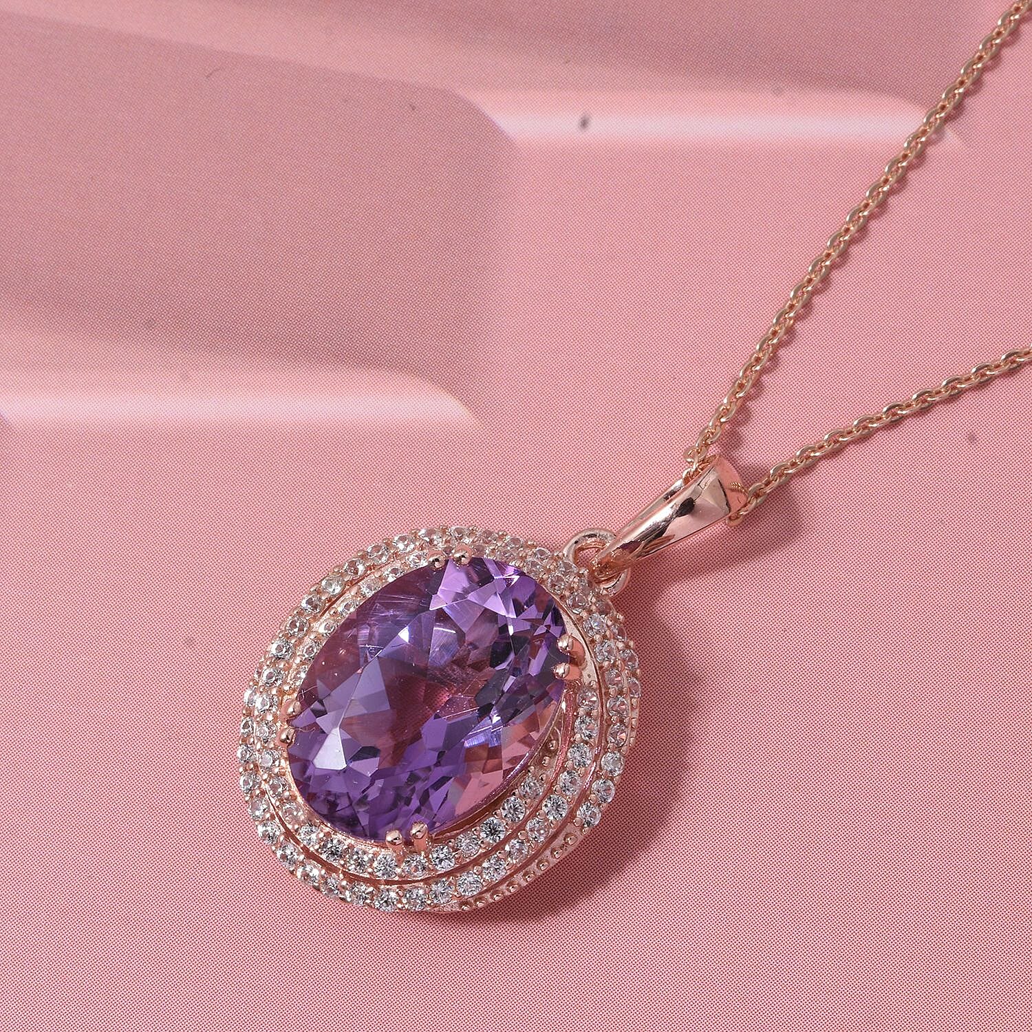 Rose De France Amethyst,  White Zircon Pendant with Chain (Size 20) in 18K RG Vermeil Sterling Silver 0.78 ct  6.280  Ct.