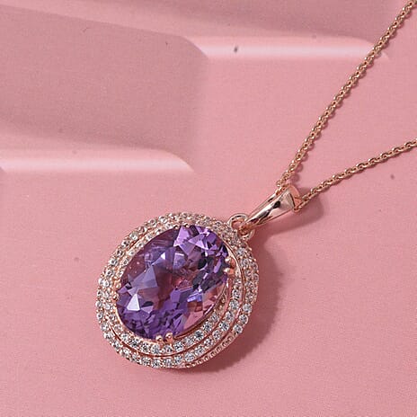 Rose De France Amethyst & White Zircon Pendant with Chain (Size 20) in 18K Vermeil Rose Gold Plated Sterling Silver 6.34 Ct.