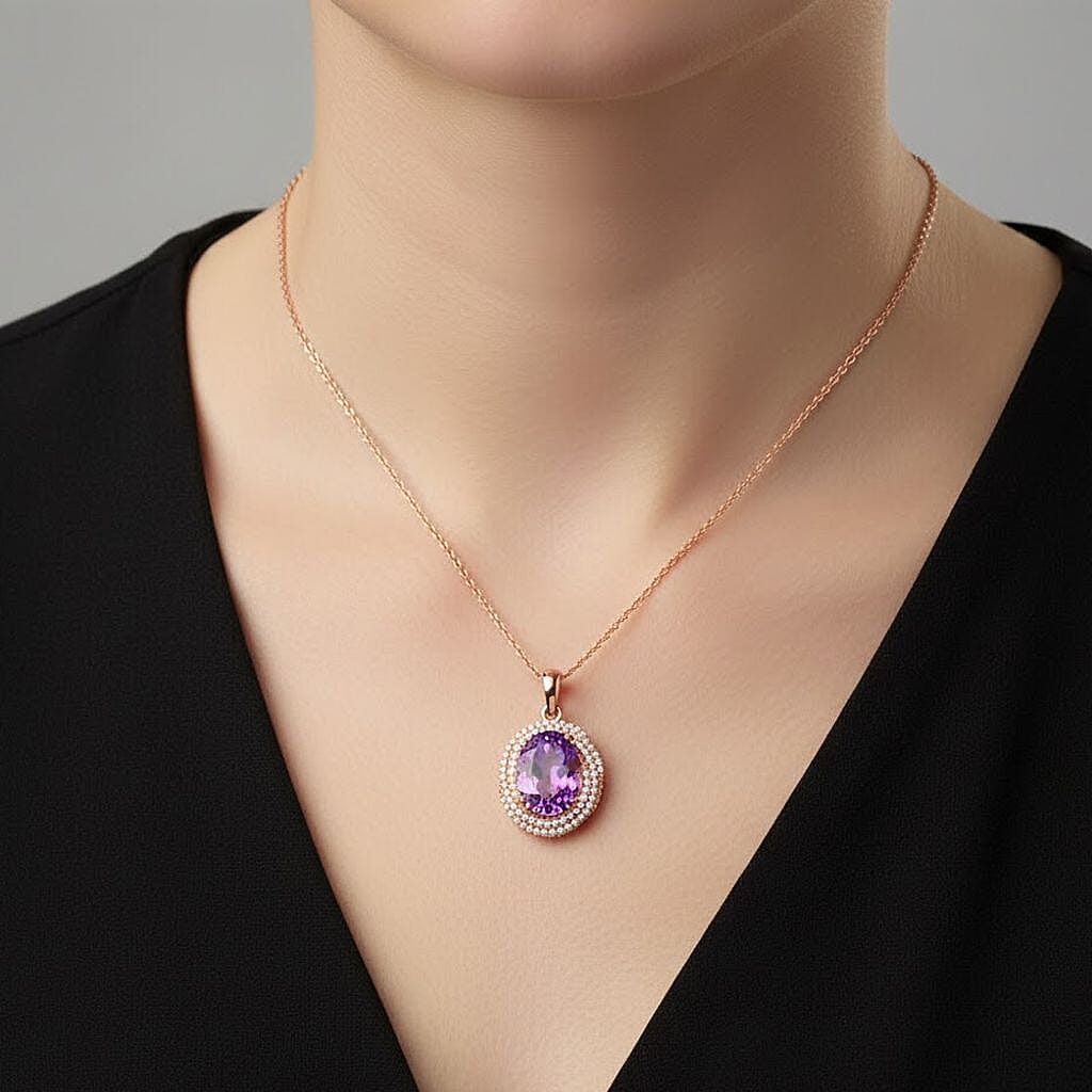 Rose De France Amethyst,  White Zircon Pendant with Chain (Size 20) in 18K RG Vermeil Sterling Silver 0.78 ct  6.280  Ct.